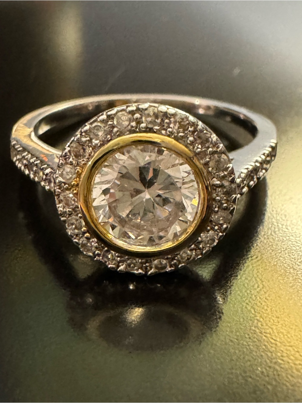 Sterling Silver 925 Two-Tone CZ Halo Ring - Gold Vermeil Bezel - Size 8.75